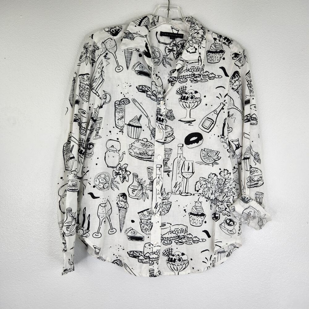 Jane + Delancey Ice Cream Print Linen Blend Blouse Women's XS Preppy Summer